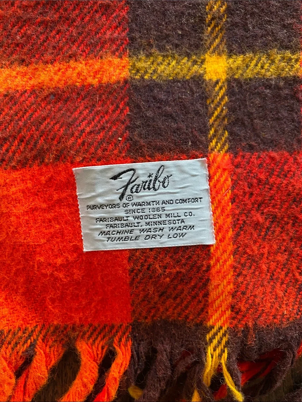 Vintage Faribo Wool Plaid Tartan Fringe Red/Orange Brown & Yellow Throw Blanket